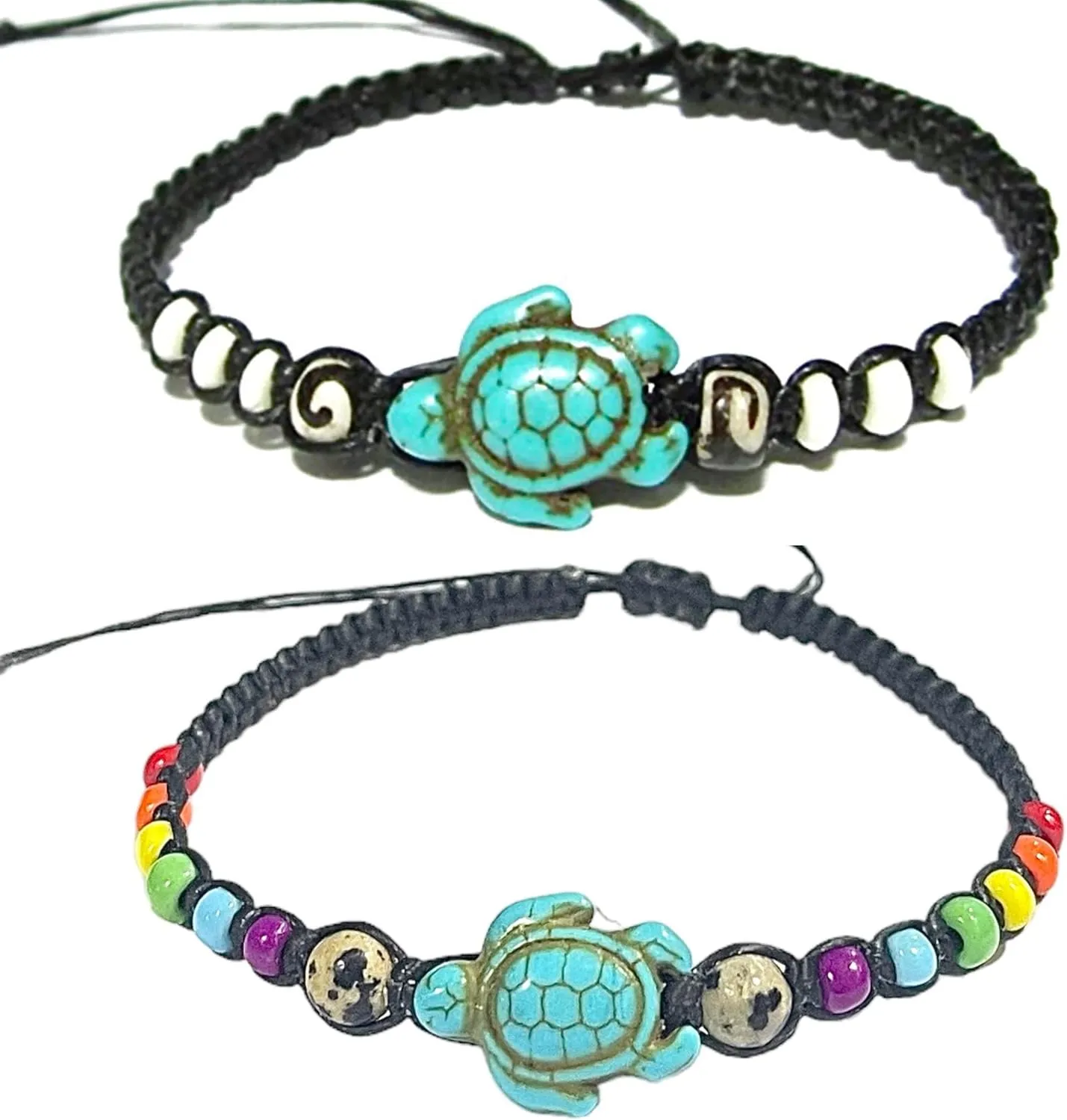 2 Pcs Hawaiian Sea Turtle Bracelet-Black Bracelet with Turtle in Turquoise Color-Turtle Hemp Bracelet