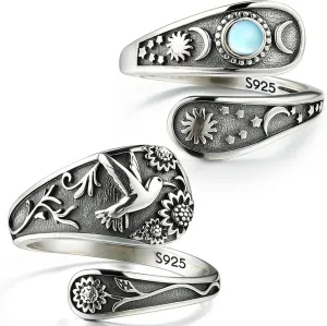 2 Pcs S925 Silver Spoon Ring Vintage Hummingbird Turquoise Victorian Style Antique Floral Oxidized Wrap Ring Adjustable Thumb Rings Jewelry Gifts for Women