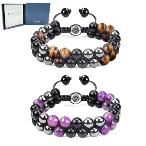 2 PCS Triple Protection Bracelet for Men Women,Genuine Tigers Eye Black Obsidian and Hematite 8mm Beads Bracelet, Handmade Natural Amethyst Bracelets for Women Anniversary Birthday Gift