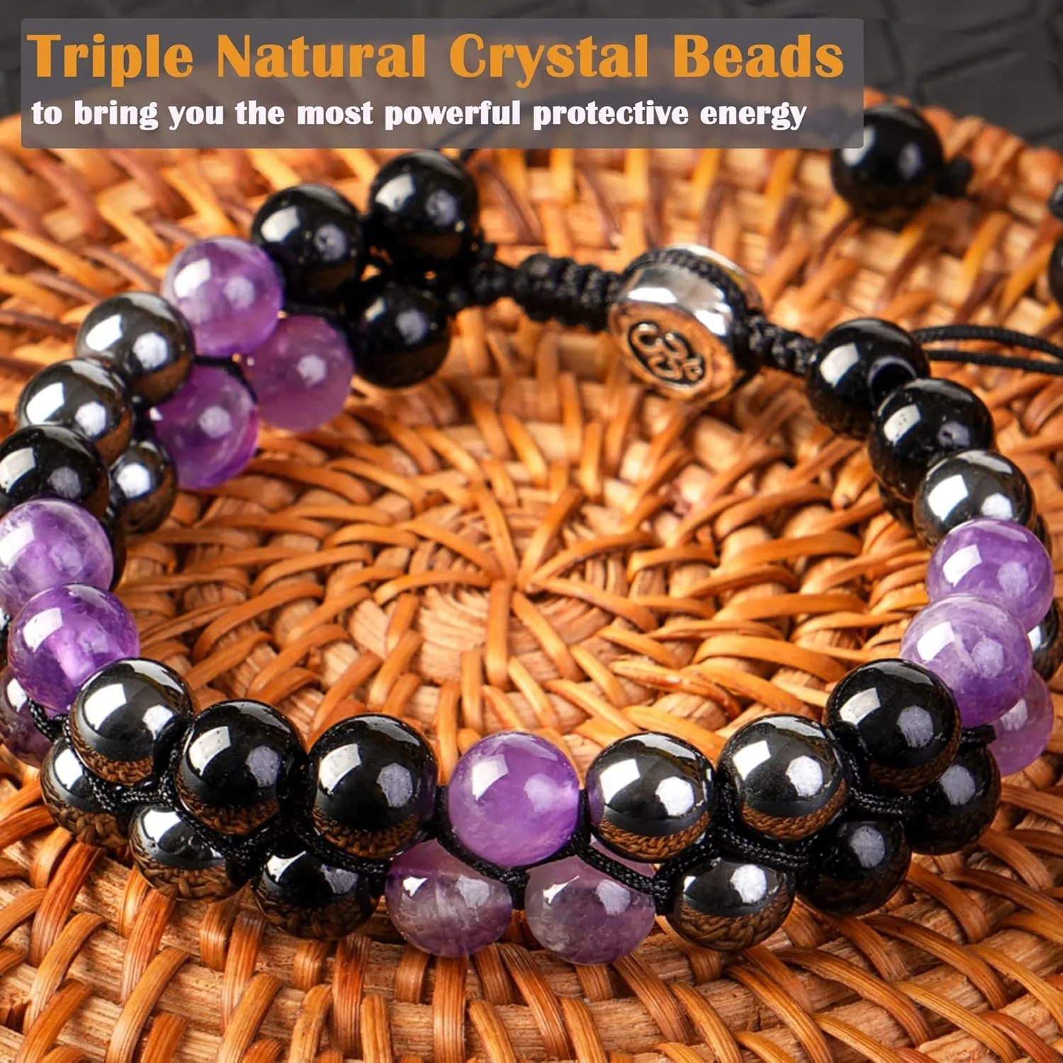 2 PCS Triple Protection Bracelet for Men Women,Genuine Tigers Eye Black Obsidian and Hematite 8mm Beads Bracelet, Handmade Natural Amethyst Bracelets for Women Anniversary Birthday Gift