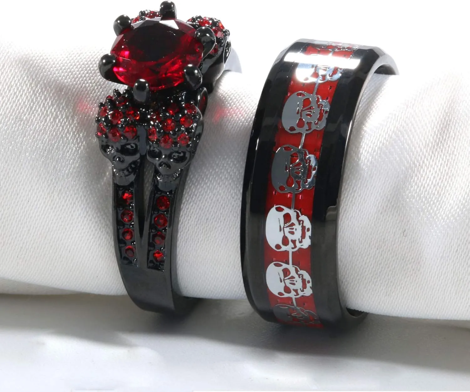 2 Skull Rings His and Hers Couple Rings Skeleton Black Rings Red Cz Womens Wedding Ring Punk Titanium Steel Mens Wedding Bands