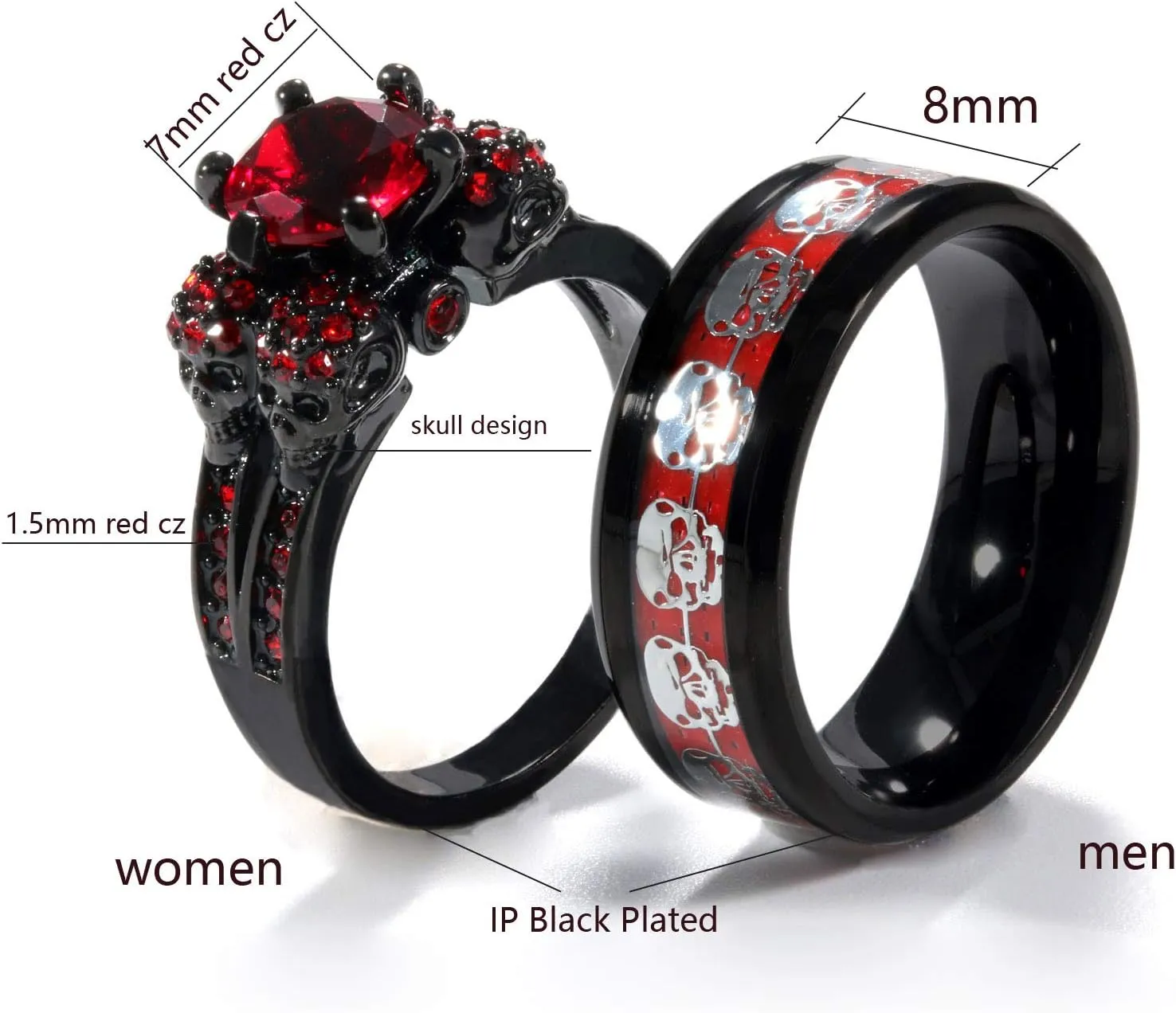2 Skull Rings His and Hers Couple Rings Skeleton Black Rings Red Cz Womens Wedding Ring Punk Titanium Steel Mens Wedding Bands