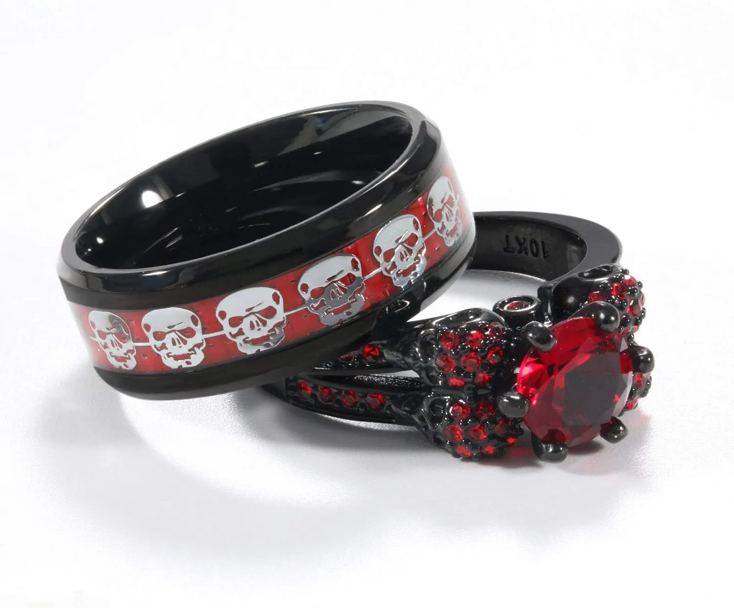 2 Skull Rings His and Hers Couple Rings Skeleton Black Rings Red Cz Womens Wedding Ring Punk Titanium Steel Mens Wedding Bands