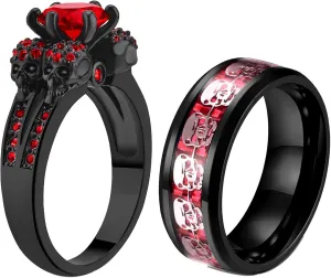 2 Skull Rings His and Hers Couple Rings Skeleton Black Rings Red Cz Womens Wedding Ring Punk Titanium Steel Mens Wedding Bands