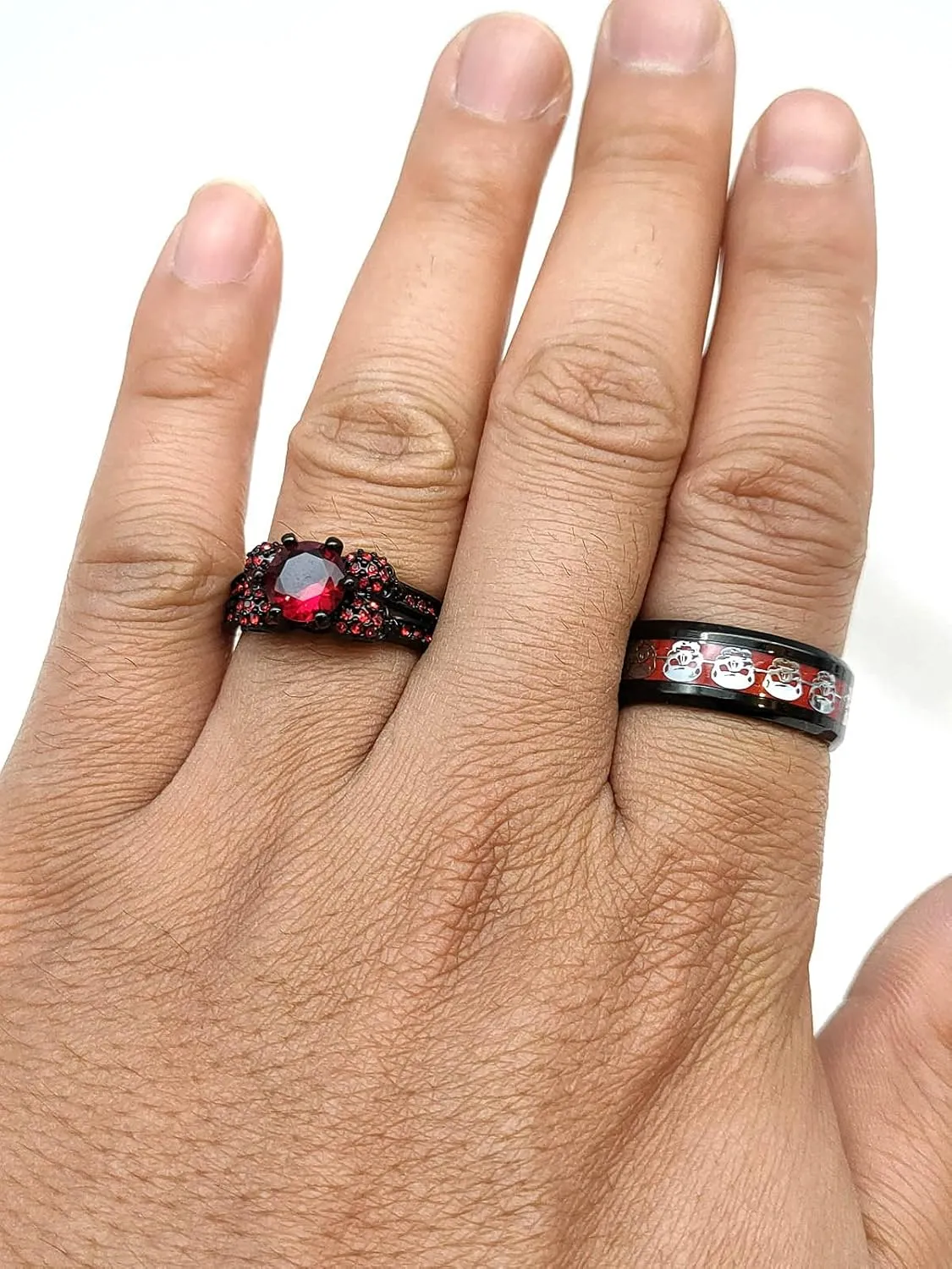 2 Skull Rings His and Hers Couple Rings Skeleton Black Rings Red Cz Womens Wedding Ring Punk Titanium Steel Mens Wedding Bands