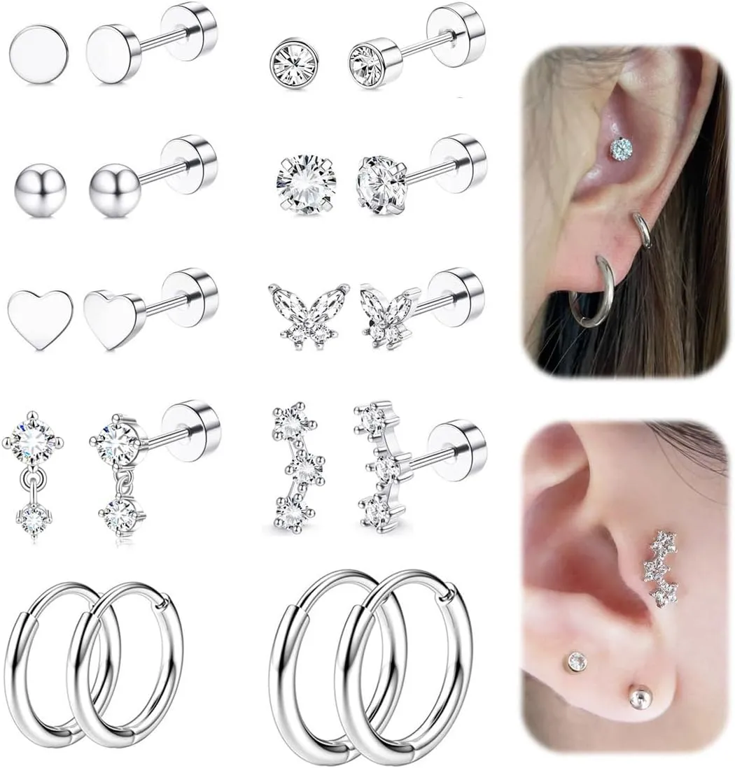 20G 10Pairs Hypoallergenic Surgical Steel Earrings for Sensitive Ears Flat Back Earrings for Women Men Small Earrings Flatback Stud Hoop Cartilage Daith Conch Tragus Helix Earring Set for Multiple Piercing