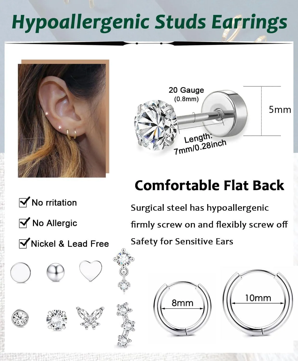 20G 10Pairs Hypoallergenic Surgical Steel Earrings for Sensitive Ears Flat Back Earrings for Women Men Small Earrings Flatback Stud Hoop Cartilage Daith Conch Tragus Helix Earring Set for Multiple Piercing