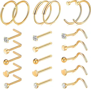 21Pcs 20g Nose Rings Hoop & Nose Studs Sets,Hypoallergenic Surgical Steel Hinged Segment Nose Rings Hoop Helix Cartilage Earrings,L Shape/Corkscrew/Straight Nose Studs Real Body Piercing Jewelry