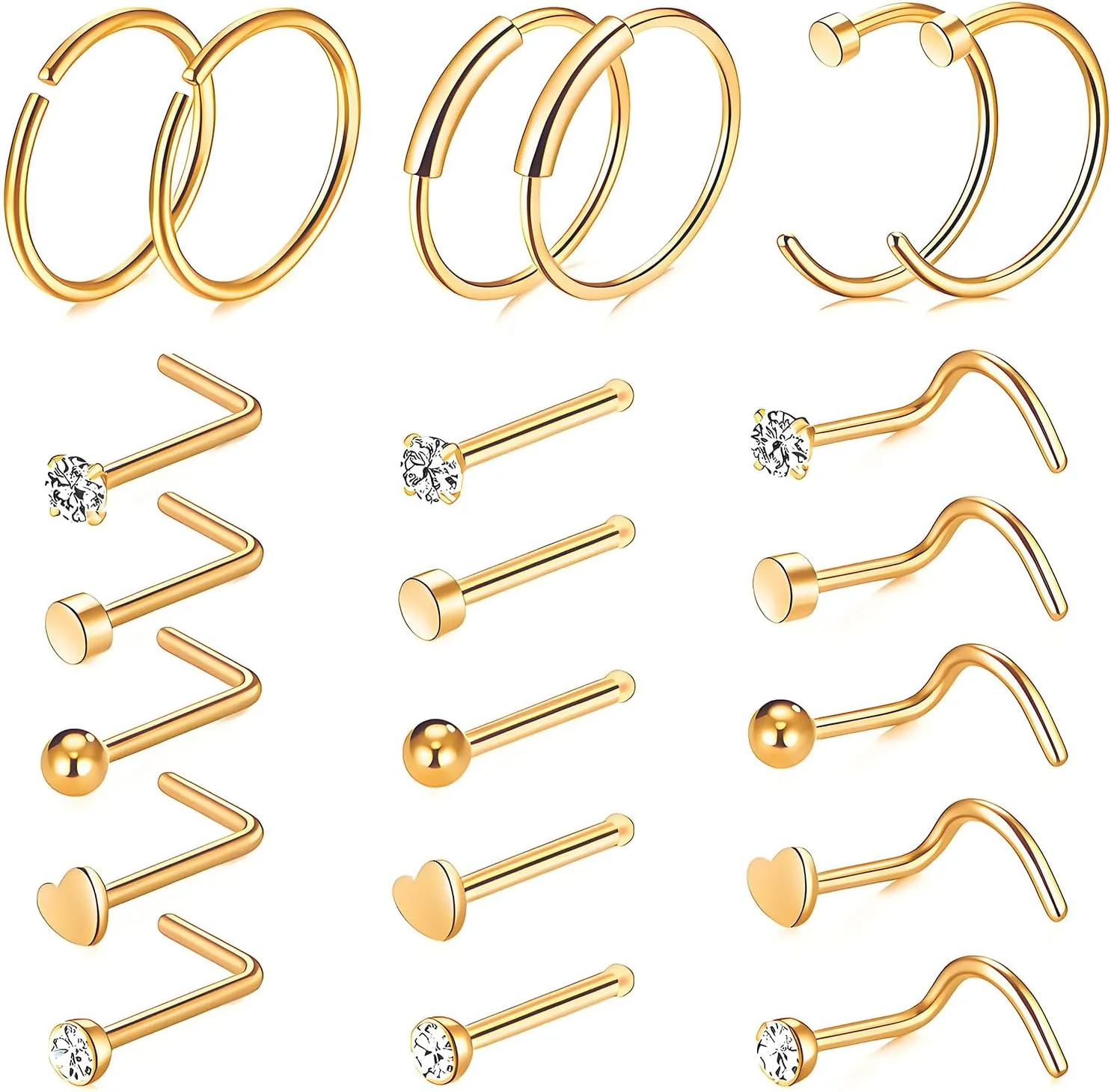 21Pcs 20g Nose Rings Hoop & Nose Studs Sets,Hypoallergenic Surgical Steel Hinged Segment Nose Rings Hoop Helix Cartilage Earrings,L Shape/Corkscrew/Straight Nose Studs Real Body Piercing Jewelry