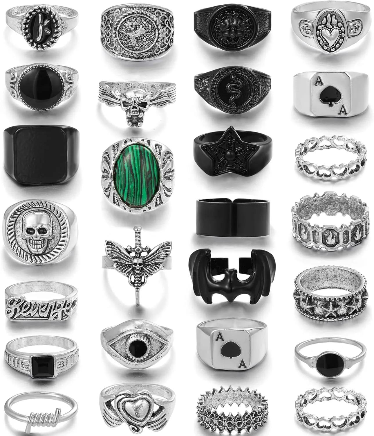 27 Pcs Vintage Silver Punk Rings for Men Cool Gothic Chunky Rings Set Men's Signet Skull Snake Bat Statement Knuckle Rings