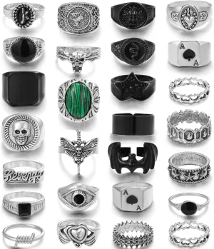 27 Pcs Vintage Silver Punk Rings for Men Cool Gothic Chunky Rings Set Men's Signet Skull Snake Bat Statement Knuckle Rings