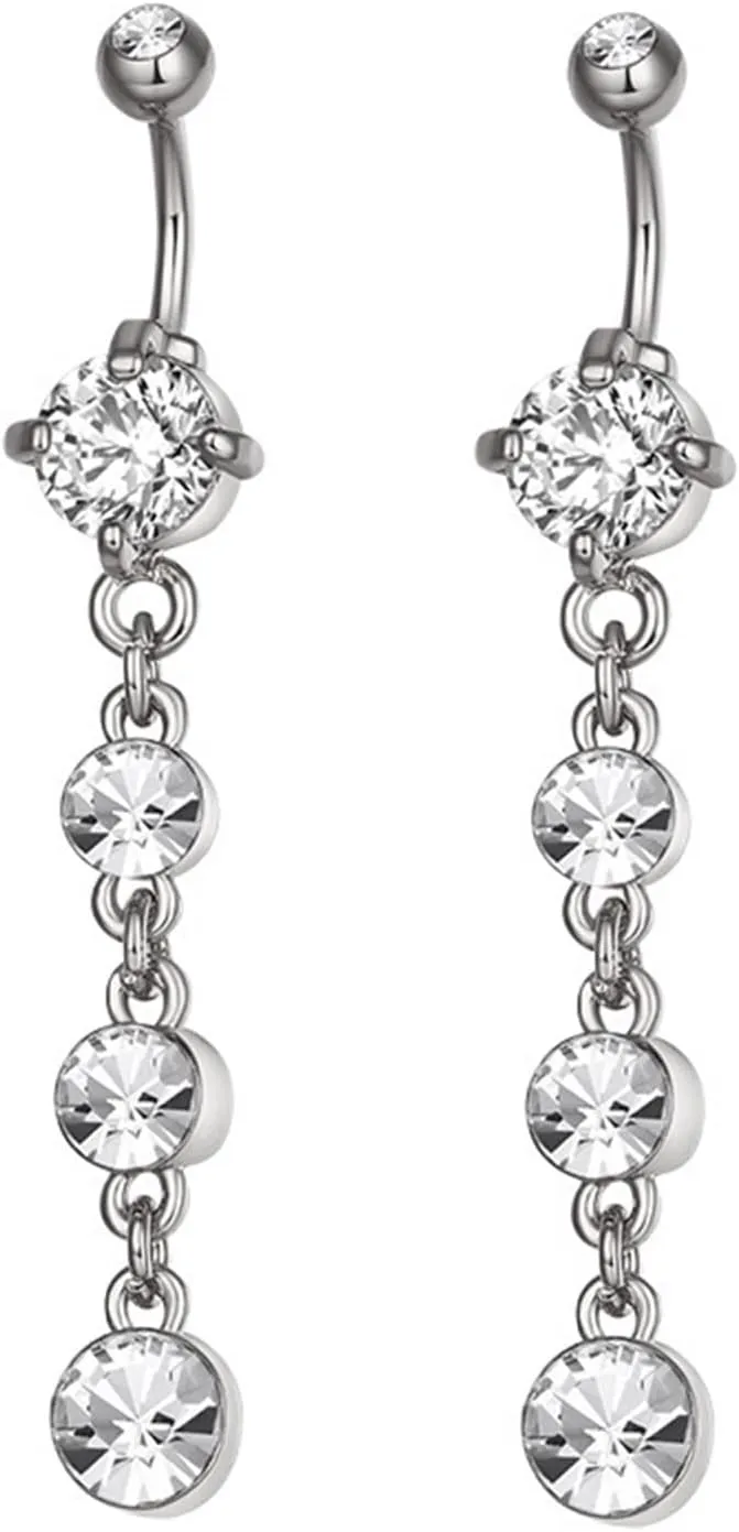 2Pcs Belly Button Rings for Women, Surgical Stainless Steel Navel Rings Silver Round White Cubic Zirconia
