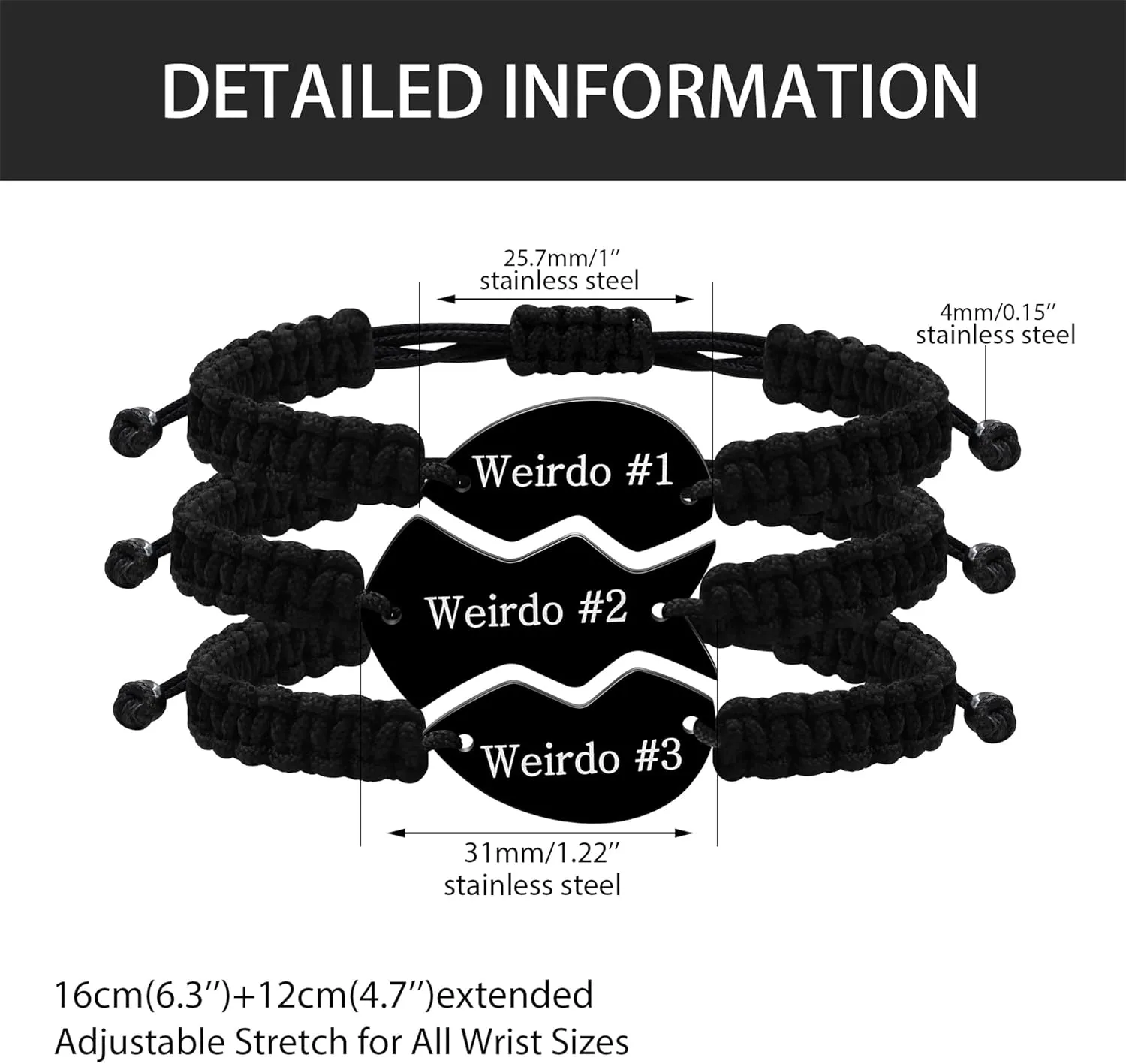 3-Pack Best Friend Forever Bracelet Set - Braided Rope Heart Puzzle Charms, Engraved Matching Friendship Jewelry for BFFs Men Women