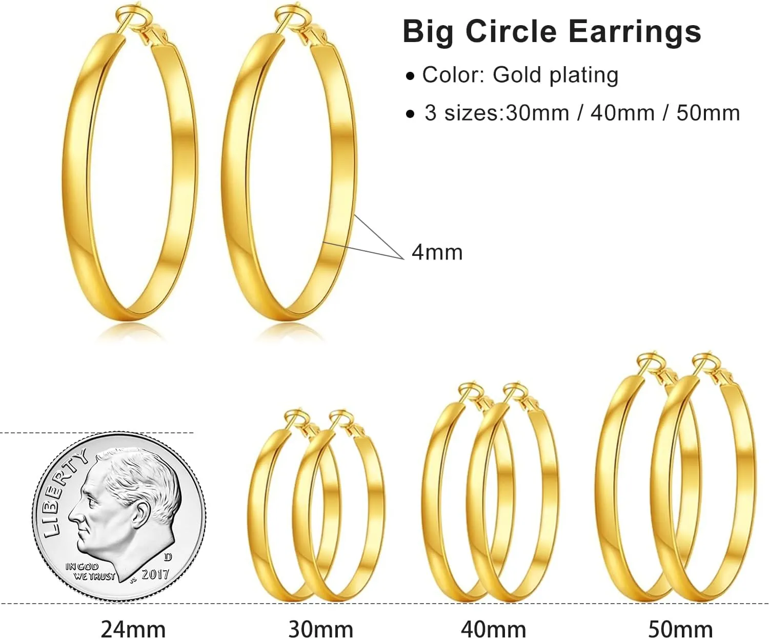 3 Pairs Thin Silver Gold Hoop Earrings for Women | 14K Gold Plated Large Round Hoop Earrings Set Hypoallergenic Earring 4mm Wide Lightweight Dangle Earrings Pack(30/40/50MM)