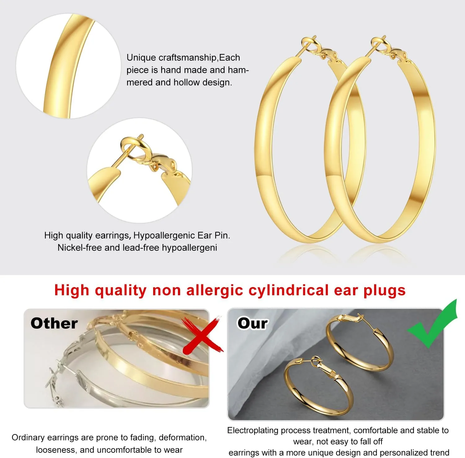 3 Pairs Thin Silver Gold Hoop Earrings for Women | 14K Gold Plated Large Round Hoop Earrings Set Hypoallergenic Earring 4mm Wide Lightweight Dangle Earrings Pack(30/40/50MM)