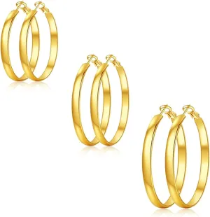 3 Pairs Thin Silver Gold Hoop Earrings for Women | 14K Gold Plated Large Round Hoop Earrings Set Hypoallergenic Earring 4mm Wide Lightweight Dangle Earrings Pack(30/40/50MM)