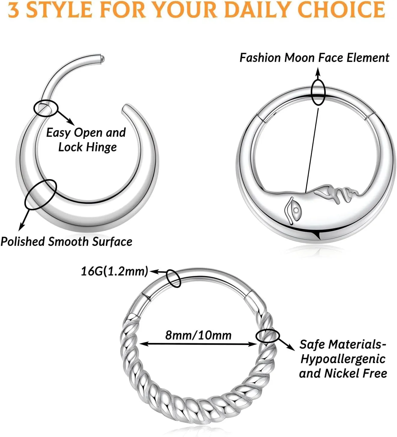 316L Stainless Steel Septum Jewelry Septum Rings 3PCS Seamless Clicker Ring 16G Septum Piercings Hinged Segment Nose Hoop Ring Daith Tragus Rook Cartilage Hoop Earring Helix Conch Piercing Jewelry
