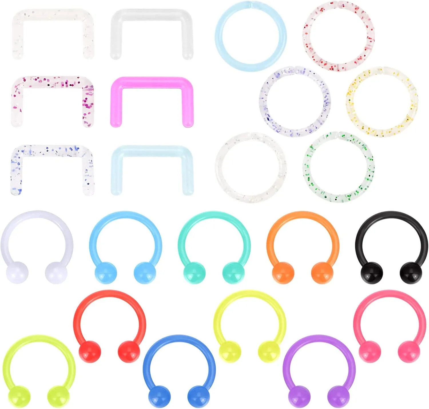 33Pcs Acrylic Nose Rings Kit Horseshoe Lip Rings Studs Septum Tongue Nipple Belly Eyebrow Cartilage Tragus Earring Industrial Barbells Flexible Body Piercing Jewelry for Women Men 16G