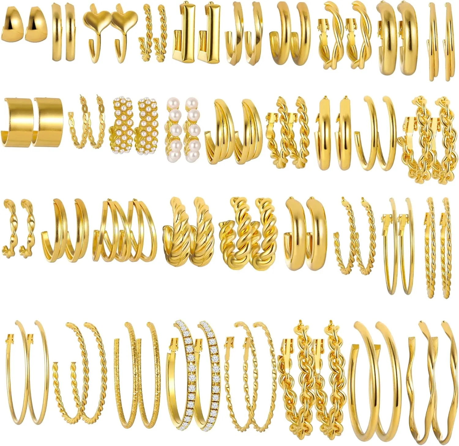 36 Pairs Gold Hoop Earrings Set for Women Multipack, Hypoallergenic Chunky Chain Twisted Hoop Earrings Pack, Fashion Dangle Earrings Jewelry for Gift