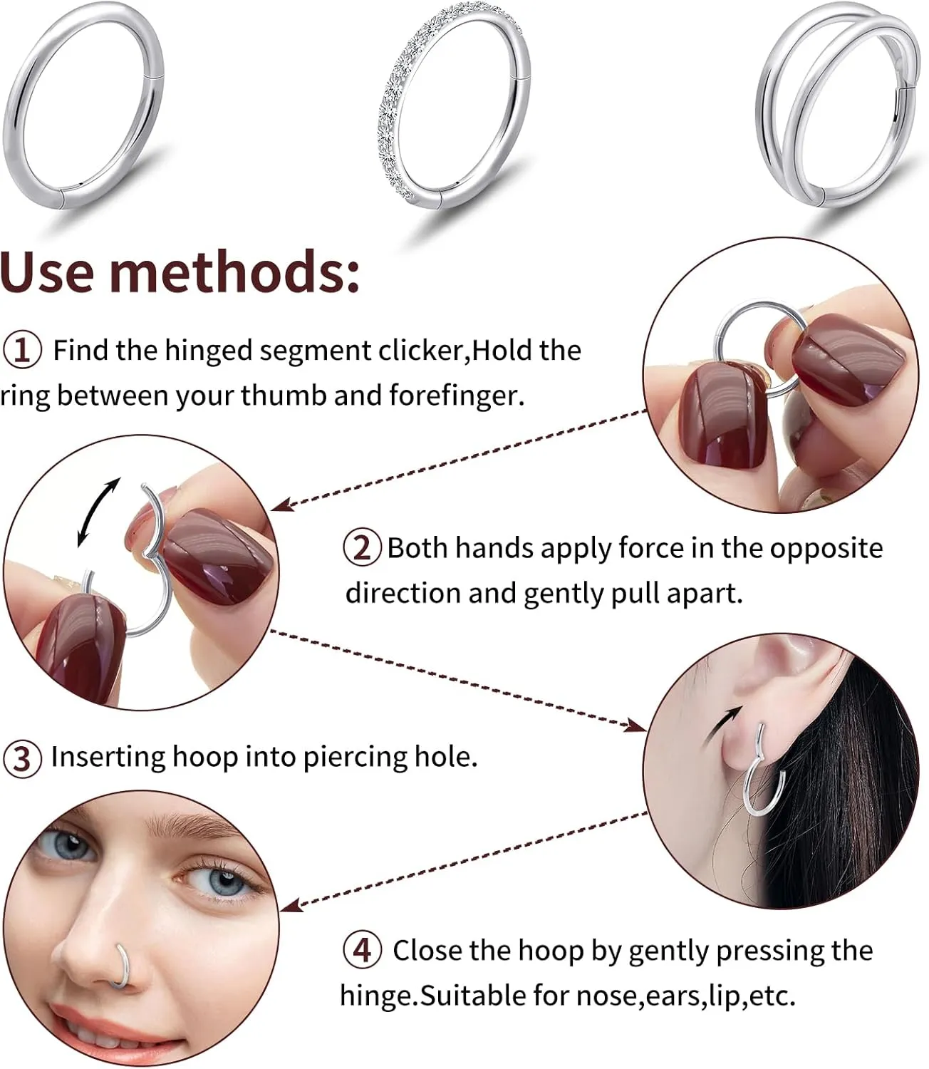 3pcs Gold Plated Nose Rings Hoops for Women:20G 18G Hypoallergenic 316l Surgical Steel Earrings Septum Clicker Ring Hinged Segment Ring Body Piercing Nose Hoop Lip Rings Nose Helix Cartilage Rook piercing jewelry Diameter 7mm/8mm/9mm