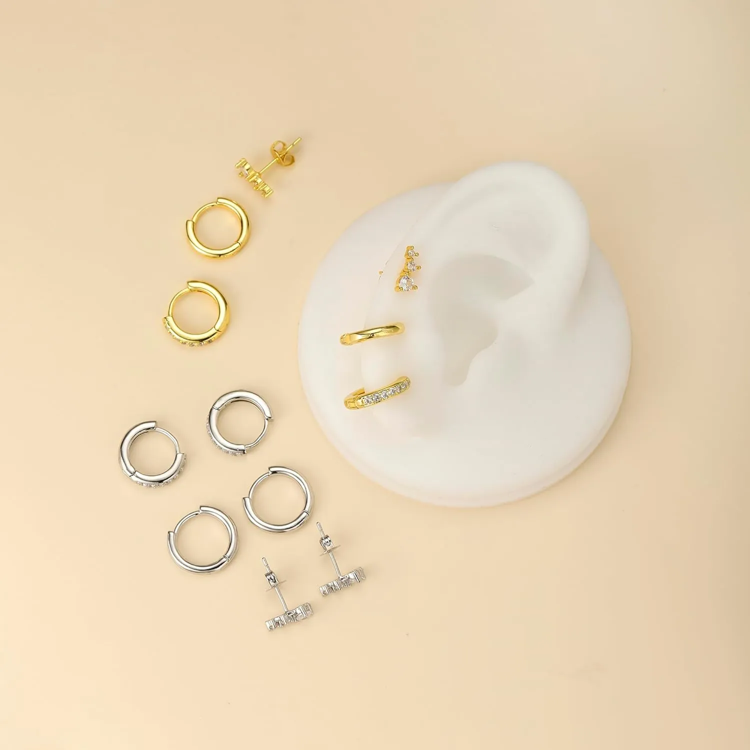 4 Pairs Gold Hoop Earring Set for Women Trendy- Hypoallergenic 14K Gold Plated Stainless Surgical Steel Stud Earrings Non Tarnish Hoops Earring Stacks Cubic Zirconia Earrings Studs