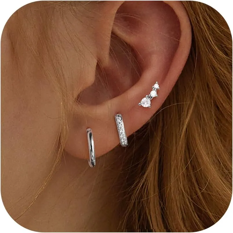 4 Pairs Gold Hoop Earring Set for Women Trendy- Hypoallergenic 14K Gold Plated Stainless Surgical Steel Stud Earrings Non Tarnish Hoops Earring Stacks Cubic Zirconia Earrings Studs