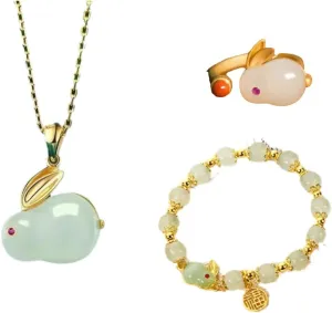 4 Pcs Set 2023 New Year Zodiac Lucky Rabbit Braided Strand Bracelets Chinese Zodiac Animal Charm Imitation Jade Yutu Adjustable Link Rope Bracelets Good Prospects Blessing Sign for Women (Necklace Bracelet Ring)
