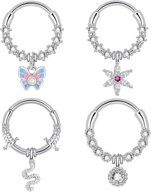 4Pcs 16G Septum Rings Stainless Steel Dangle Septum Jewelry Cute butterfly Snake Daith Cartilage Helix Tragus Earrings Nose Rings Piercing Jewelry for Women