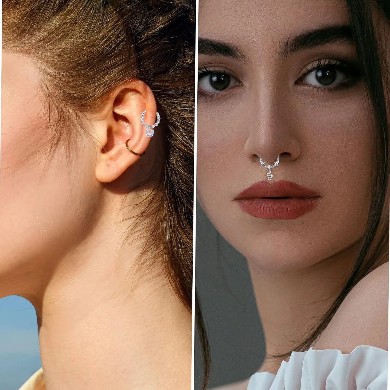4Pcs 16G Septum Rings Stainless Steel Dangle Septum Jewelry Cute butterfly Snake Daith Cartilage Helix Tragus Earrings Nose Rings Piercing Jewelry for Women