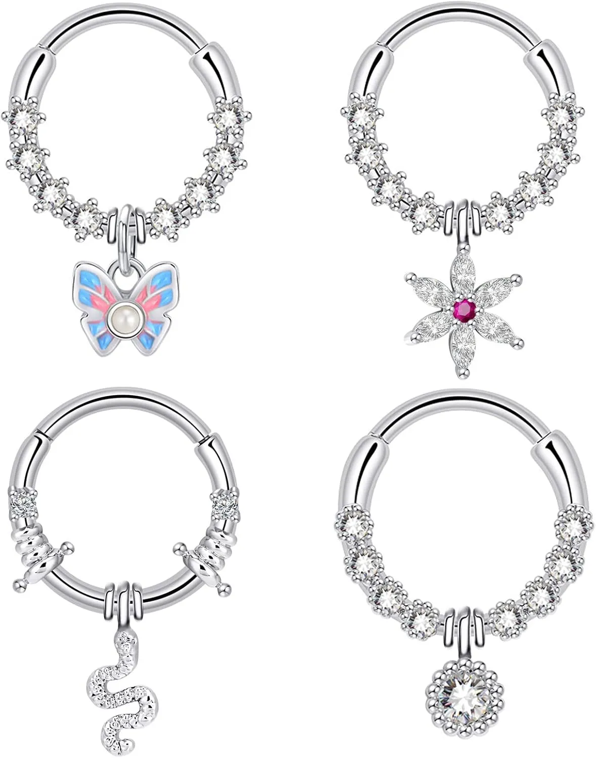 4Pcs 16G Septum Rings Stainless Steel Dangle Septum Jewelry Cute butterfly Snake Daith Cartilage Helix Tragus Earrings Nose Rings Piercing Jewelry for Women