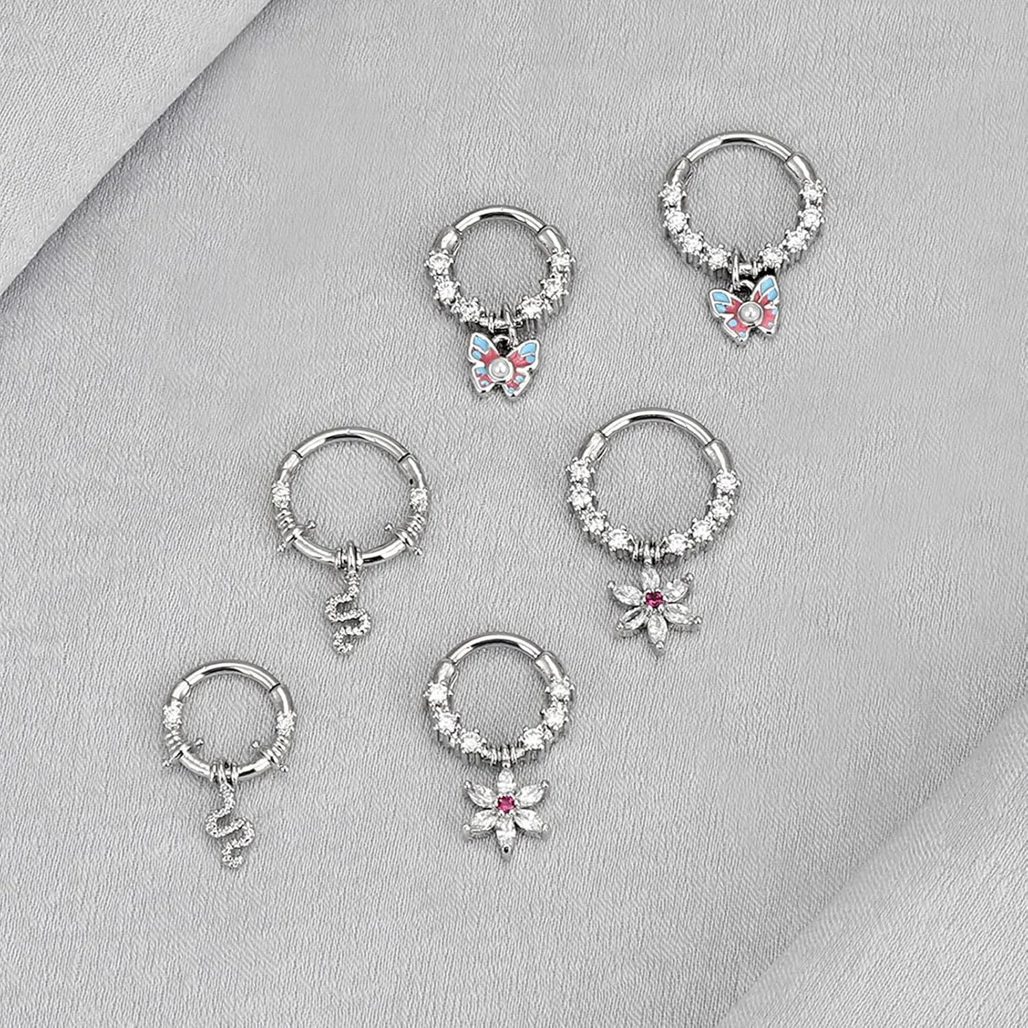 4Pcs 16G Septum Rings Stainless Steel Dangle Septum Jewelry Cute butterfly Snake Daith Cartilage Helix Tragus Earrings Nose Rings Piercing Jewelry for Women