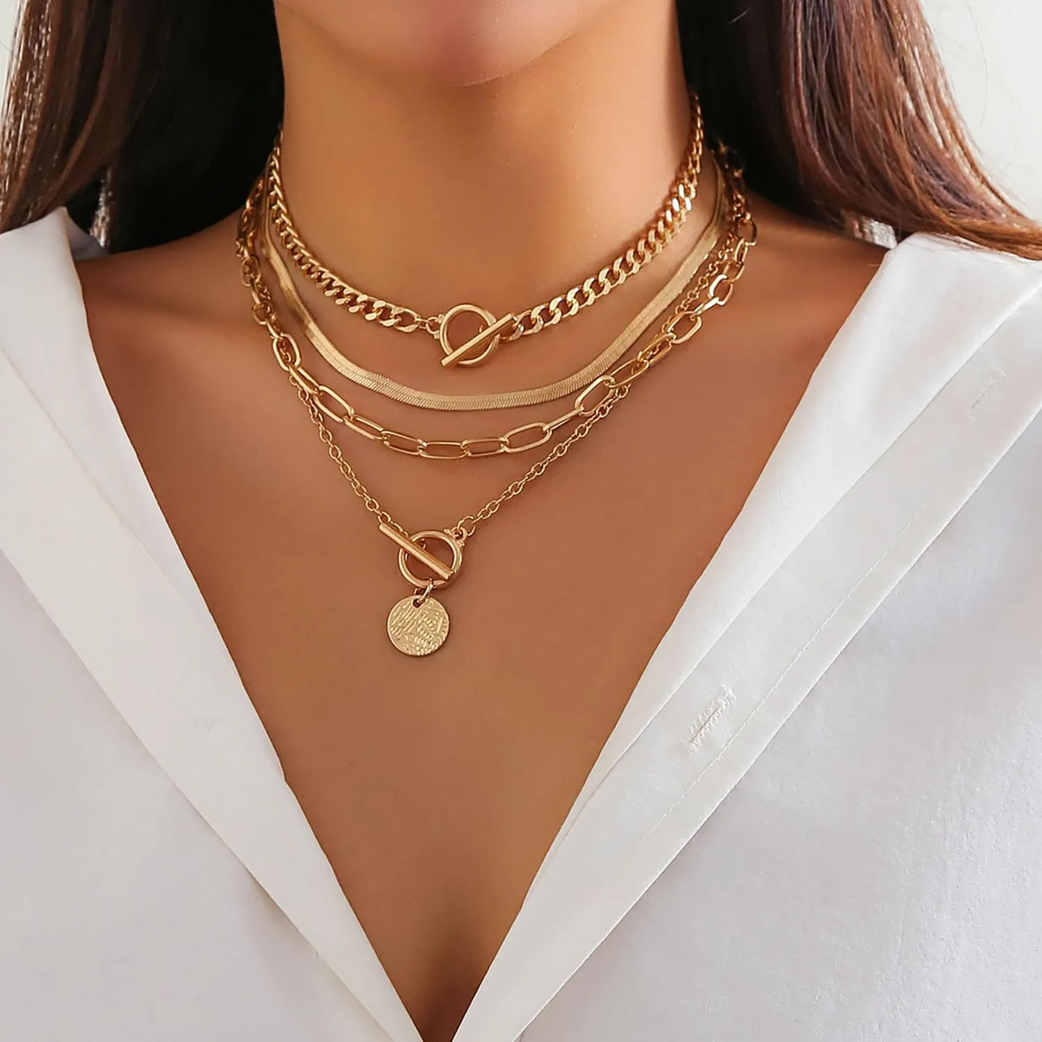 4pcs Layered Gold Necklaces for Women Chunky Gold Herringbone Paperclip Chain Necklace Vintage Heart Coin Medallion Pendant Necklace Dainty Cuban Chain Toggle Clasp Jewelry Gifts