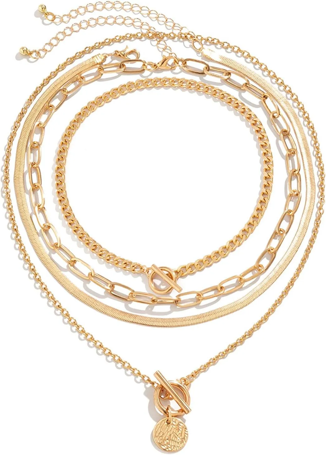 4pcs Layered Gold Necklaces for Women Chunky Gold Herringbone Paperclip Chain Necklace Vintage Heart Coin Medallion Pendant Necklace Dainty Cuban Chain Toggle Clasp Jewelry Gifts