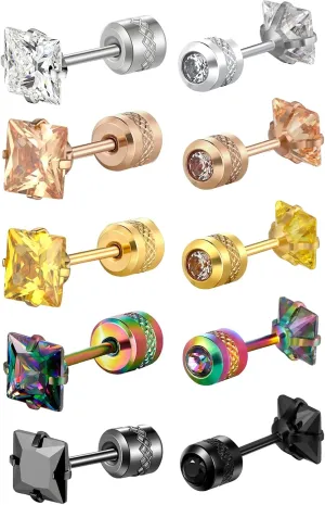 5 Pairs Square 5A CZ Titanium Stud Earrings Set for Women Men, 6mm Stainless Steel Screw Back Earrings Multicolor Cubic Zirconia Surgical Steel Double Side Stud Earrings Jewelry