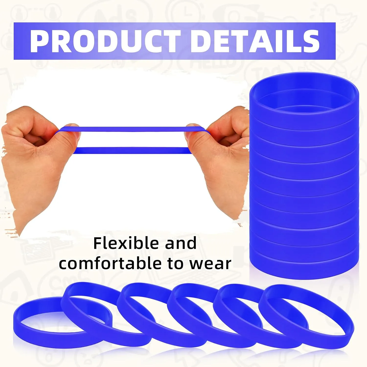 50 Pcs Blank Silicone Wristbands, Blue Rubber Bracelets Sports Elastic Silicone Bracelet For Team Sport Party Event