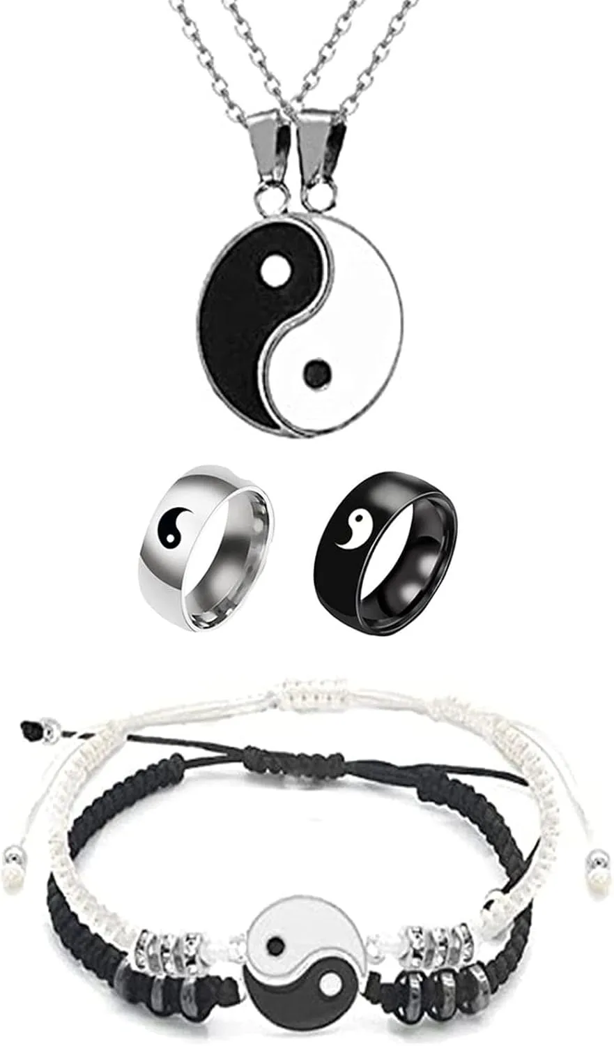 6 pieces Yin Yang Adjustable Cord Bracelet Set for Couple Yin Yang Matching Pendant Necklace for BFF Yin Yang Tai Chi Ring Band for Friendship Boyfriend Girlfriend (N Yin Yang Set, one size)