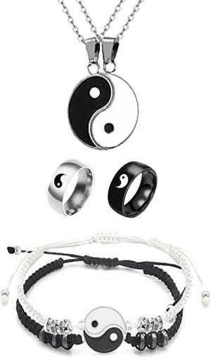 6 pieces Yin Yang Adjustable Cord Bracelet Set for Couple Yin Yang Matching Pendant Necklace for BFF Yin Yang Tai Chi Ring Band for Friendship Boyfriend Girlfriend (N Yin Yang Set, one size)