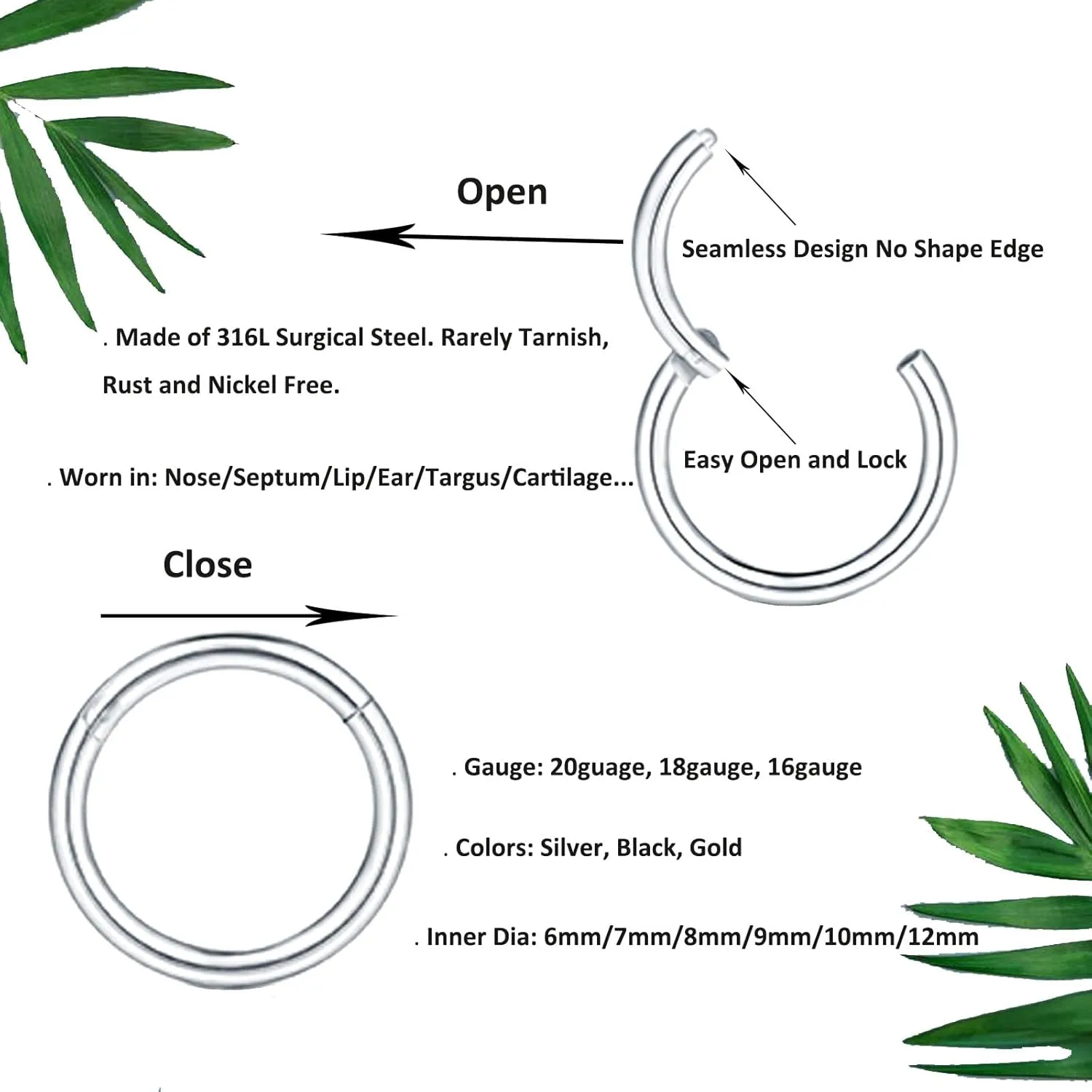 6/12Pcs 16G 18G 20G Nose Rings Hoops 316L Surgical Steel Nose Septum Lip Rings Tragus Cartilage Daith Rook Piercing Jewelry for Women 6mm 7mm 8mm 9mm 10mm 12mm