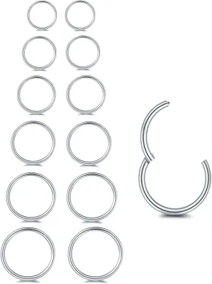 6/12Pcs 16G 18G 20G Nose Rings Hoops 316L Surgical Steel Nose Septum Lip Rings Tragus Cartilage Daith Rook Piercing Jewelry for Women 6mm 7mm 8mm 9mm 10mm 12mm