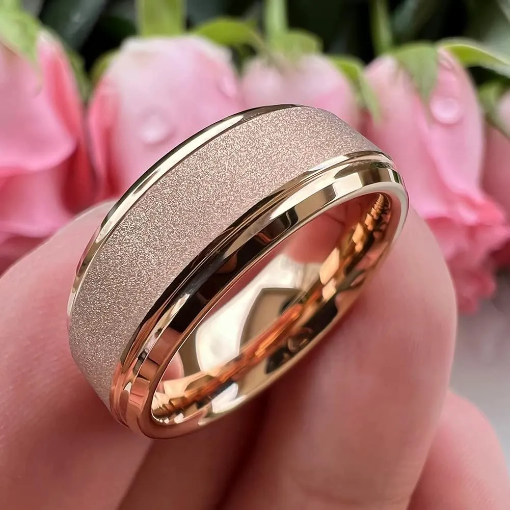 6mm 8mm Black/White/Gold/Rose Gold Tungsten Rings for Men Women Promise Engagement Wedding Bands Sandblasted Finish Stepped Beveled Comfort Fit