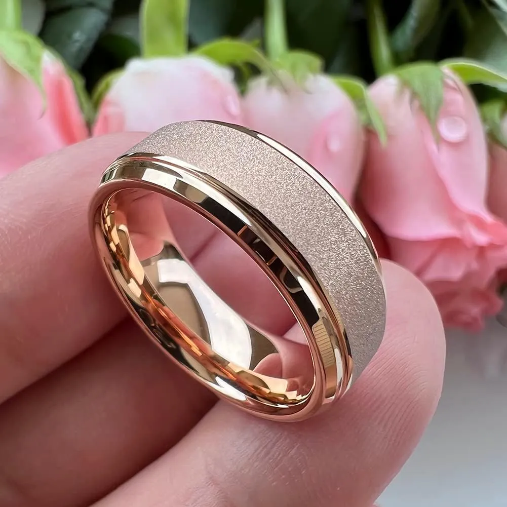 6mm 8mm Black/White/Gold/Rose Gold Tungsten Rings for Men Women Promise Engagement Wedding Bands Sandblasted Finish Stepped Beveled Comfort Fit