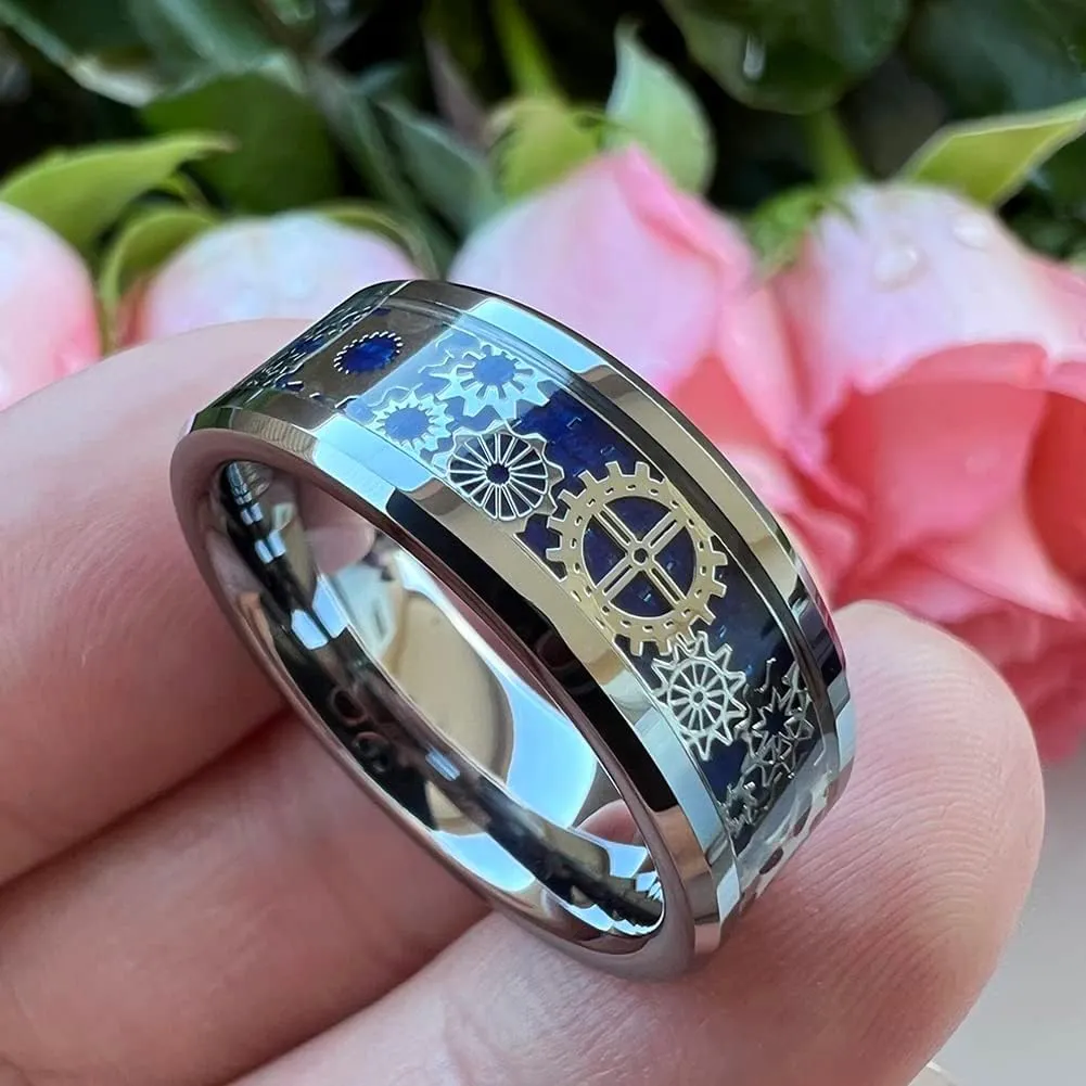 6mm 8mm Blue Red Green Carbon Fiber Steampunk Gear Inlay Tungsten Rings for Men Women Wedding Bands Beveled Edges Polished Comfort Fit