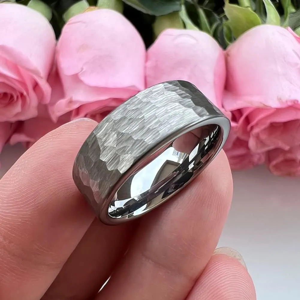 6mm 8mm Silver/Black/Gunmetal/Gold/Rose Gold Hammered Tungsten Rings for Men Women Couple Fashion Jewelry Engagement Wedding Bands Matte Finish Comfort Fit