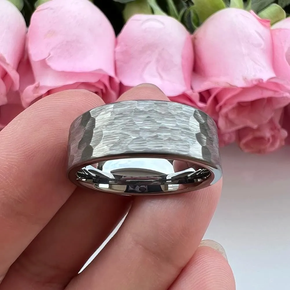 6mm 8mm Silver/Black/Gunmetal/Gold/Rose Gold Hammered Tungsten Rings for Men Women Couple Fashion Jewelry Engagement Wedding Bands Matte Finish Comfort Fit
