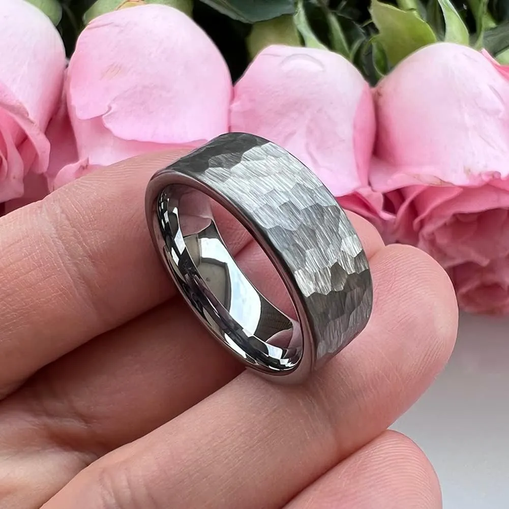 6mm 8mm Silver/Black/Gunmetal/Gold/Rose Gold Hammered Tungsten Rings for Men Women Couple Fashion Jewelry Engagement Wedding Bands Matte Finish Comfort Fit