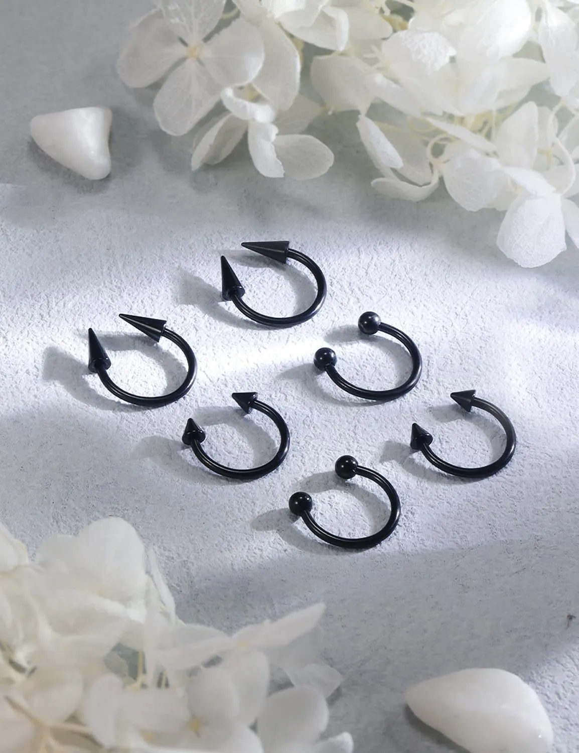 6Pcs Septum Rings 16G Surgical Steel Snake Bite Jewelry Long Spike Horseshoe Lip Rings Smiley Piercing Jewelry for Women Men 8mm 10mm
