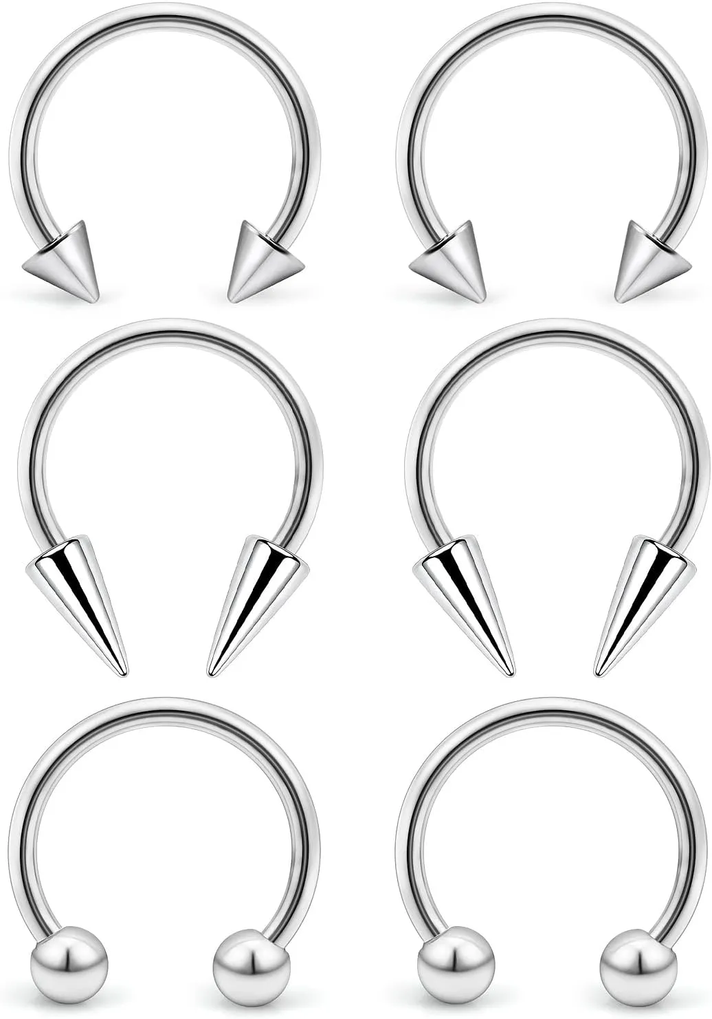 6Pcs Septum Rings 16G Surgical Steel Snake Bite Jewelry Long Spike Horseshoe Lip Rings Smiley Piercing Jewelry for Women Men 8mm 10mm