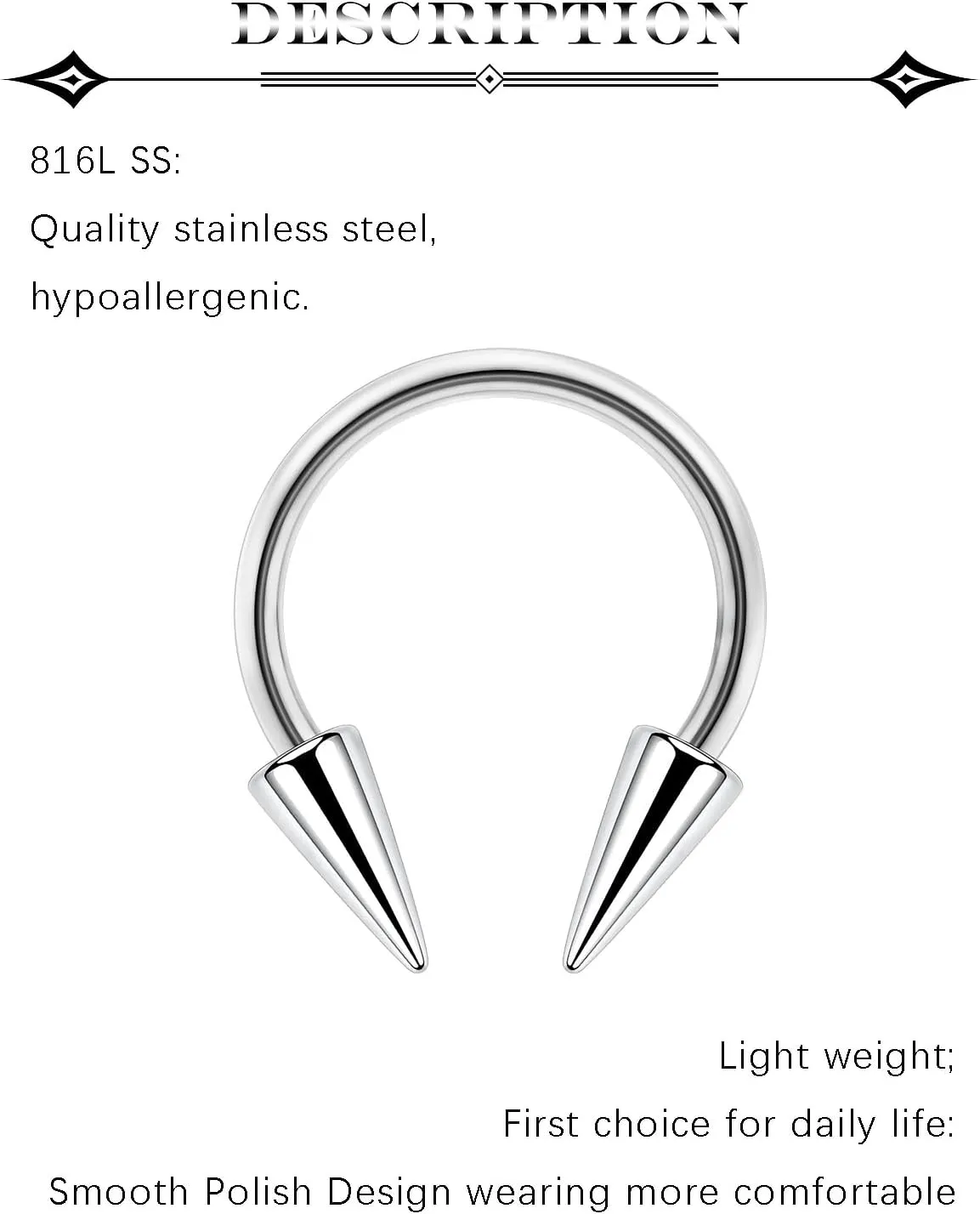 6Pcs Septum Rings 16G Surgical Steel Snake Bite Jewelry Long Spike Horseshoe Lip Rings Smiley Piercing Jewelry for Women Men 8mm 10mm