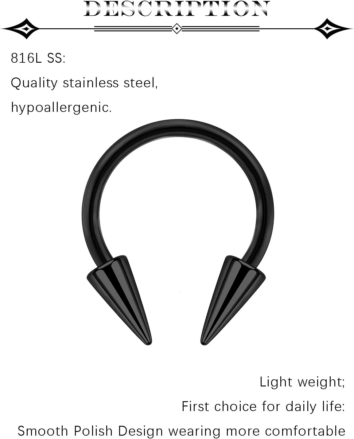 6Pcs Septum Rings 16G Surgical Steel Snake Bite Jewelry Long Spike Horseshoe Lip Rings Smiley Piercing Jewelry for Women Men 8mm 10mm
