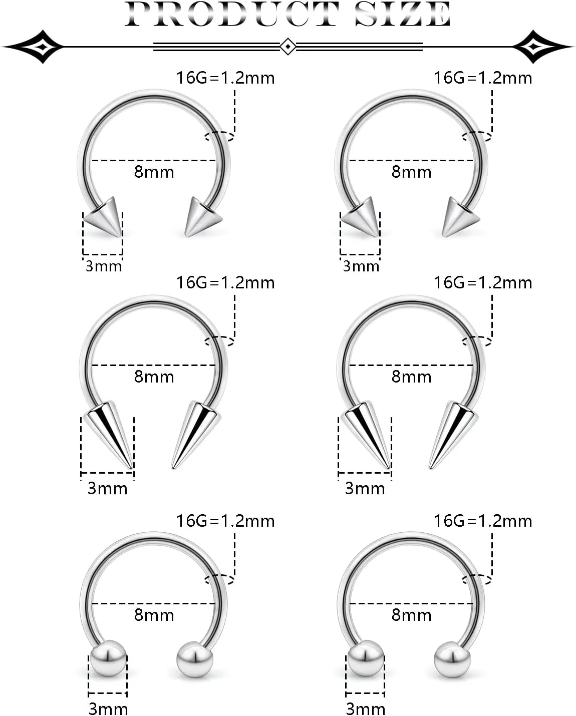 6Pcs Septum Rings 16G Surgical Steel Snake Bite Jewelry Long Spike Horseshoe Lip Rings Smiley Piercing Jewelry for Women Men 8mm 10mm